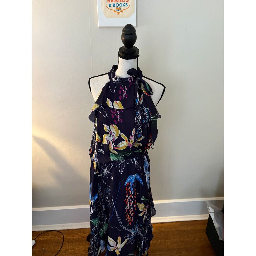 Parker Navy Floral Halter Dress L Ruffle Cold Shoulder High Low Midi Maxi